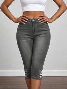 Jkorea Women's High Waisted Button Hem Capri Jeans - Grey Slim Fit Cropped Denim Pants Aesthetic Minimalist - 灰色 - 查看 1