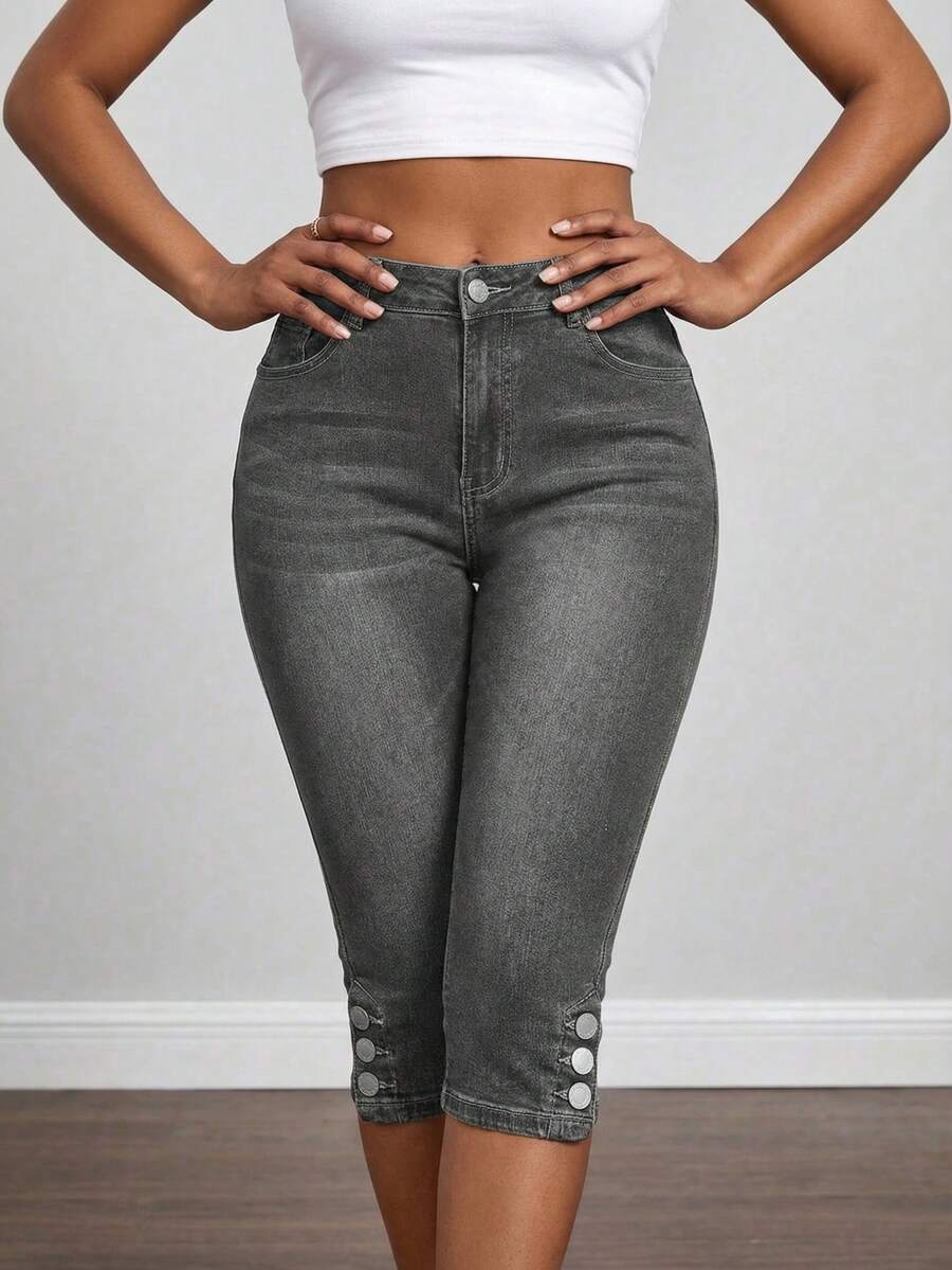 Jkorea Women's High Waisted Button Hem Capri Jeans - Grey Slim Fit Cropped Denim Pants Aesthetic Minimalist - 灰色 - 查看 1