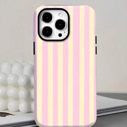 GIIPPA Pink Striped Elements Fashion Matte Vertical Striped 2-In-1 Phone Case In Pink And Light Yellow, Compatible With IPhone 16, 15, 14, 13, 12, 11, PRO MAX, PLUS And Other Models Spring Pastel Gift