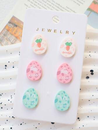 3对复活节丙烯颜料彩绘耳钉套装，可爱彩蛋、兔子、胡萝卜、领结卡通耳环，甜美节日派对饰品