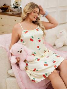 1 Stück Damen Große Größen süßes & elegantes Kirschenmuster Rüschen Dekor ärmelloses Nachthemd, geeignet für Frühling/Sommer Innen- und Außenbereich - Beige - Übersicht 5