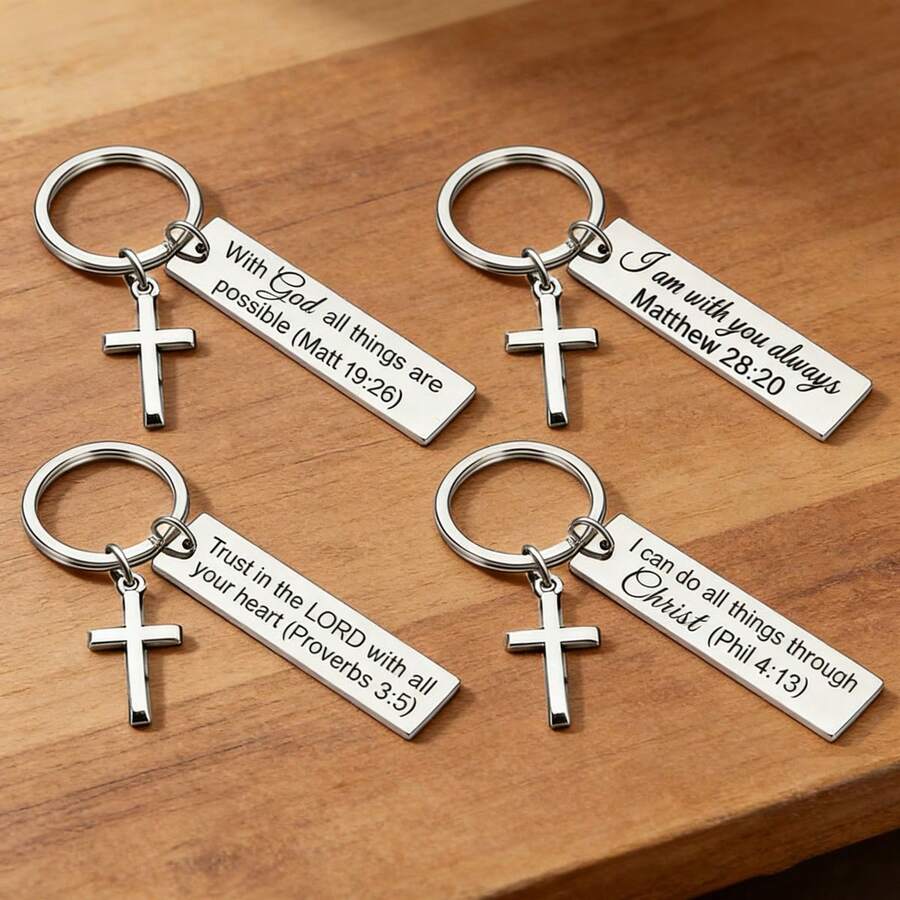 24pcs Stainless Steel Bible Verse Keychain With Cross - Matthew 28:20 Inspirational Text, Durable Metal Material, Suitable For Backpacks, Car Keys And Accessories - Christian Gift, Metal Engraved Keychain For Holiday Gatherings, Party Favors - Antique Silver - View 1