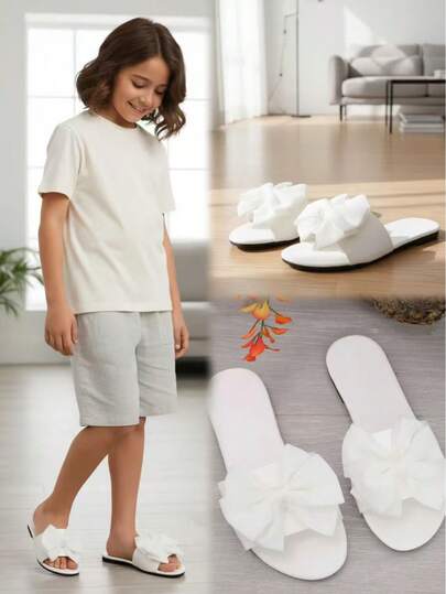 1 Pair White, Lightweight & Comfortable Fabric Bow Decor Children/Teens Slippers, Solid Color Minimalist Quality PU Upper Kids Fashion Slip-On Slippers, Non-Slip Rubber Outsole, Suitable For Home, Office, Outdoor Walking, Spring/Summer 2026 New Arrival
