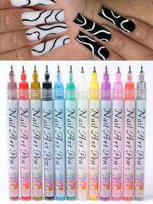 12pcs/Set Nail Art Marker Pens, Nail Doodle Pens For Drawing Abstract Lines & Delicate Floral Patterns, Waterproof Nail Art Tools, Nail Art Supplies - Multicolor - View 11