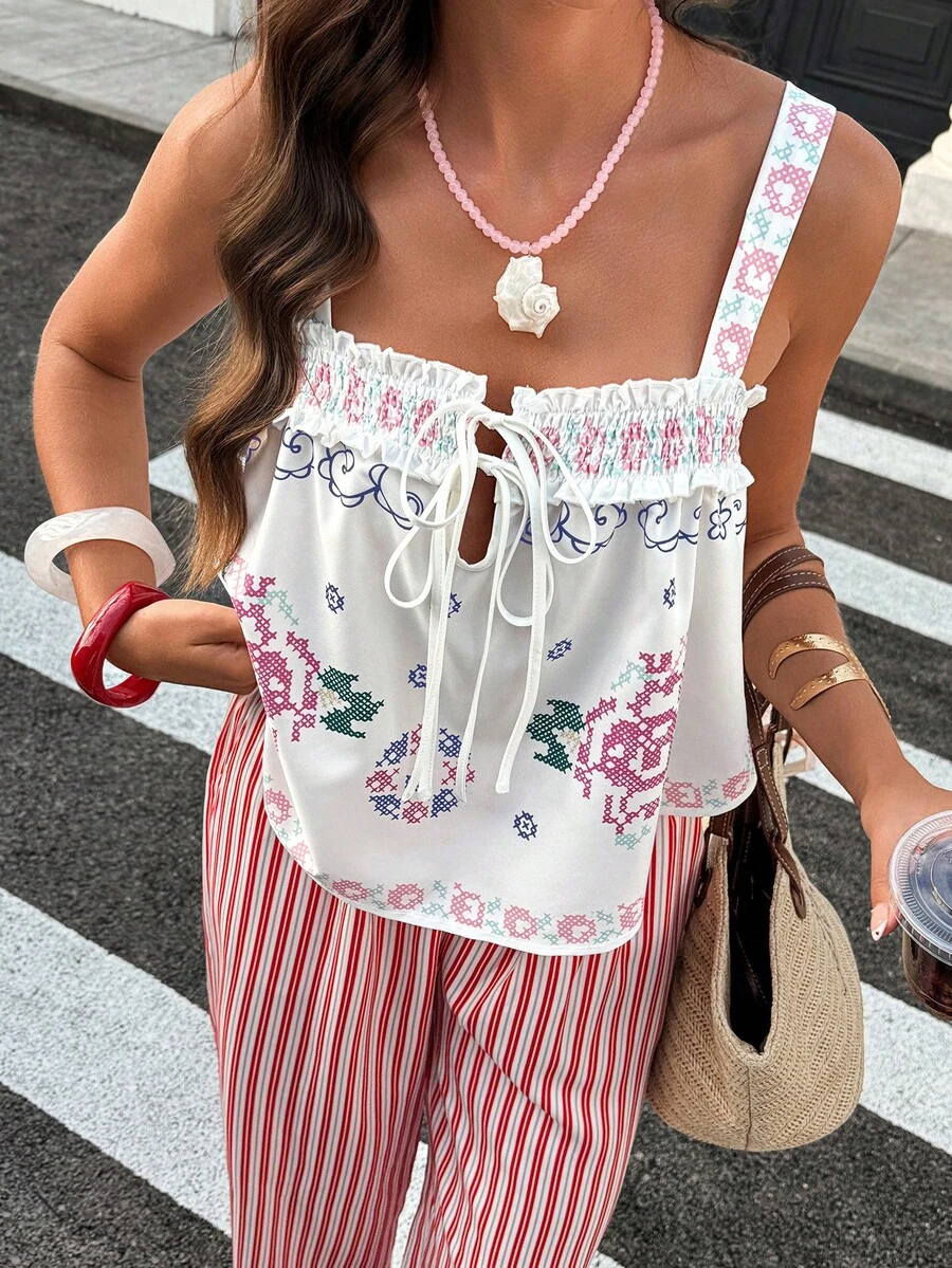 Doriss 春夏印花系带吊带背心,适合婚礼季、情人节、复古贵族风、宫廷风等场合,吸睛百搭,优雅日常,夏季海滩度假皆宜。 - 彩色 - 查看 1