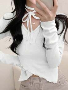 YCYC 韓系新款性感百搭女款針織 T-shirt - 白色 - 查看 2