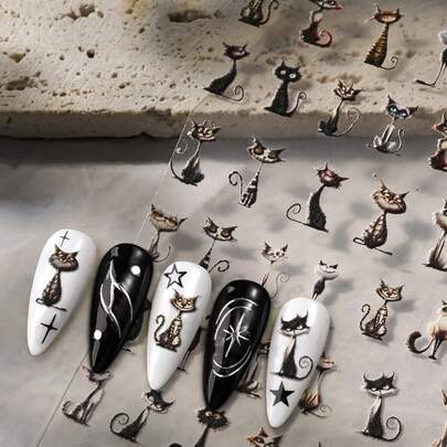 Beautizon Nailartlab Hình dán móng tay hình mèo đen trắng, hình ngôi sao 3D lấp lánh, phụ kiện trang trí móng tay tự làm.