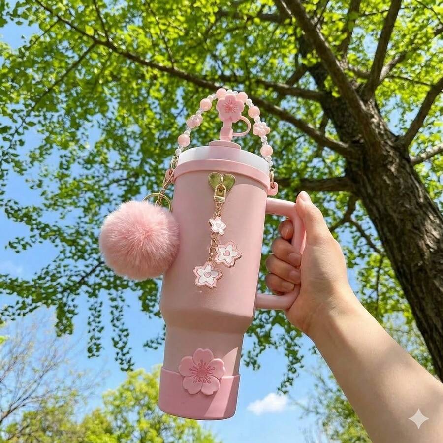 7件套樱花粉色配件套装，适用于30盎司/40盎司保温杯 - 美观的吊坠手柄链、硅胶套、吸管套、毛球钥匙扣，可爱春季礼物，适合女性和女孩 - 彩色 - 查看 1