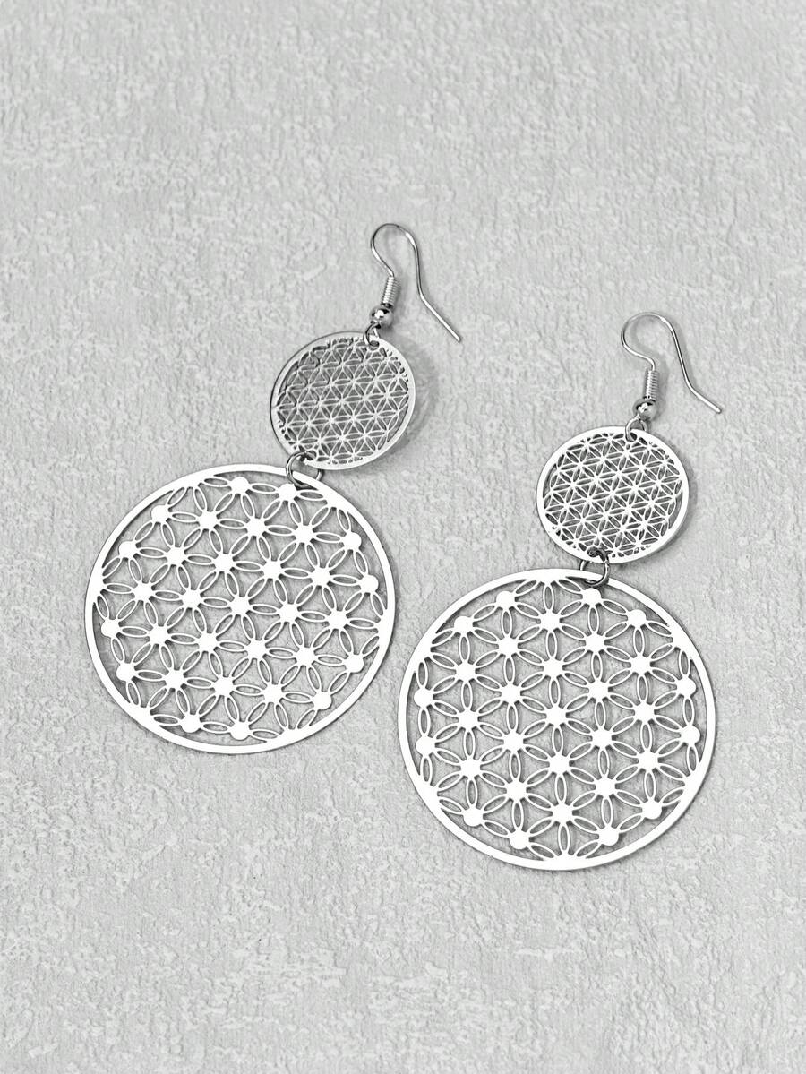 1 Pasang Anting Hoop Wanita Motif Bunga Berongga Vintage, Cocok untuk Pemakaian Sehari-hari dan Liburan - Perak - View 1