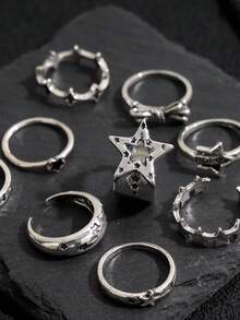 9pcs Vintage Distressed Metal Star Rings Set, Sweet & Cool Minimalist Style Letter & Bow Decor For Women - Grey - View 4