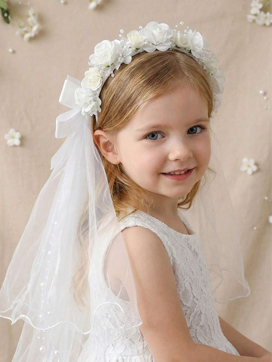 1件儿童公主面纱发箍，带蝴蝶结和粉色玫瑰花瓣网纱，派对发饰 - 彩色 - 查看 1