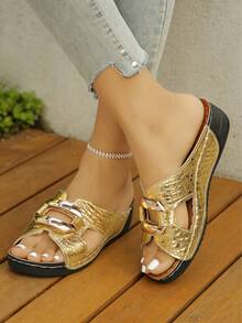 Women's Brown Leopard Print Contrast Color Hollow-Out Round Toe Wedge Sandals, Fashionable Casual Summer Outdoor Slippers, Black Pattern Design - Hoa văn cá sấu vàng - Xem 1