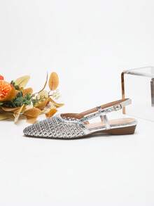 Women's Silver Metallic Woven Criss-Cross Strap Flats - Low Heel Pointed Toe Silver Mesh Hollow Out Sandals With Ankle Strap - Silver - View 5