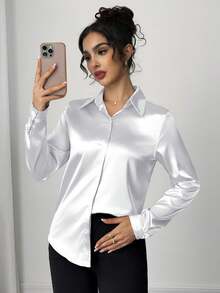 Elegant Collared Front Button Faux Silk Satin Satin Long Sleeve Women Blouse, Suitable For Daily Commute - White - View 10