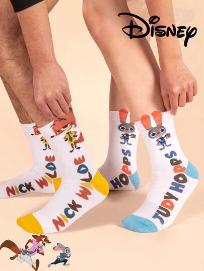  2/1 Pair Disney Zootopia Pattern Men's Crew Socks, Cute Cartoon Unique Disney Men's Socks With Nick Wilde Design, Odor-Resistant Breathable Casual Versatile Crew Neck Cartoon Socks, Suitable For Students/Adults As Gifts And Daily Wear, Couple Matching