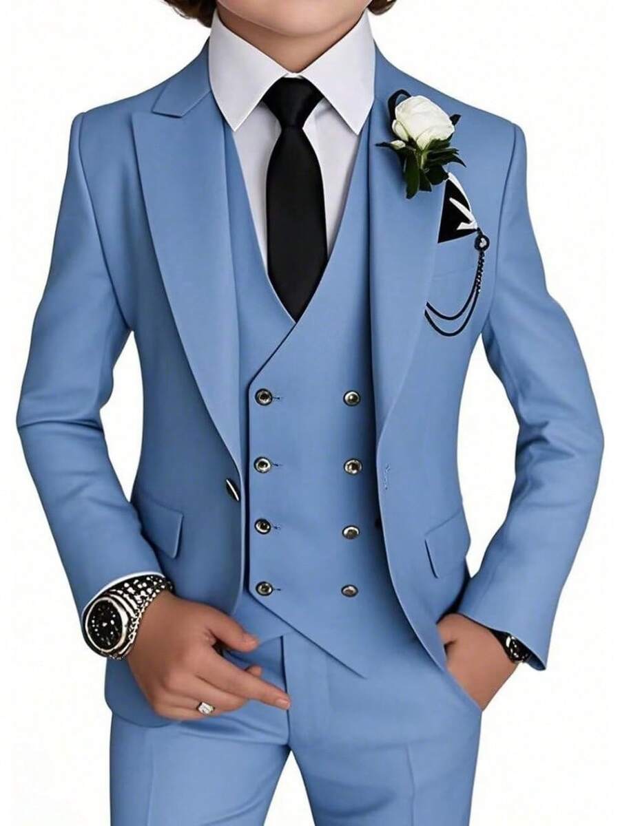 Stylish Boys 4 Piece Slim Fit One Button Formal Suit Set With Tie For Wedding Prom Party - Blue - View 1