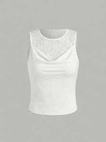 女士夏季蕾丝吊带背心，短款圆领修身无袖叠穿上衣，性感优雅浪漫派对上衣 - 白色 - 查看 2