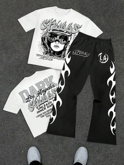 2pcs/Set Boys Y2K Casual Style English Number & Cartoon Print Crew Neck T-Shirt And Flared Pants Sports Streetwear Outfit, Suitable For Summer