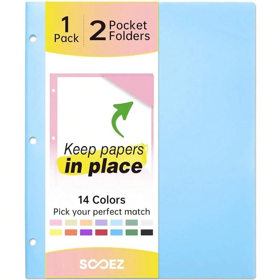 Sooez 2-Pocket Folders, Plastic Folders With Pockets 3 Hole Punched, 1 Pack Pockets Folder For 3 Ring Binder With Labels, Heavy Duty Binder Folder For Document, Letter Size File Folder,Smoky Blue - SmokyBlue - View 1