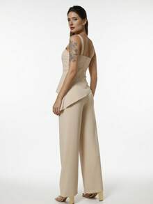WUUW FASHION Women's Tailored Asymmetrical Top Set, Irregular Crop Top And Trousers, Stylish Summer Casual Outfit 2025 NEW - Màu be - Xem 2