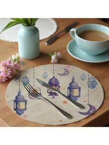 1 Peça Tapete de Refeição da Lua do Ramadã, Tapete de Refeição Redondo Impresso com Lua de Linho, Tapete Isolante Anti-Sujeira, Decoração Simples, Tapete para Refeição Ocidental Adequado para o Ramadã e Decoração Doméstica - Multicolorido - Visão 5