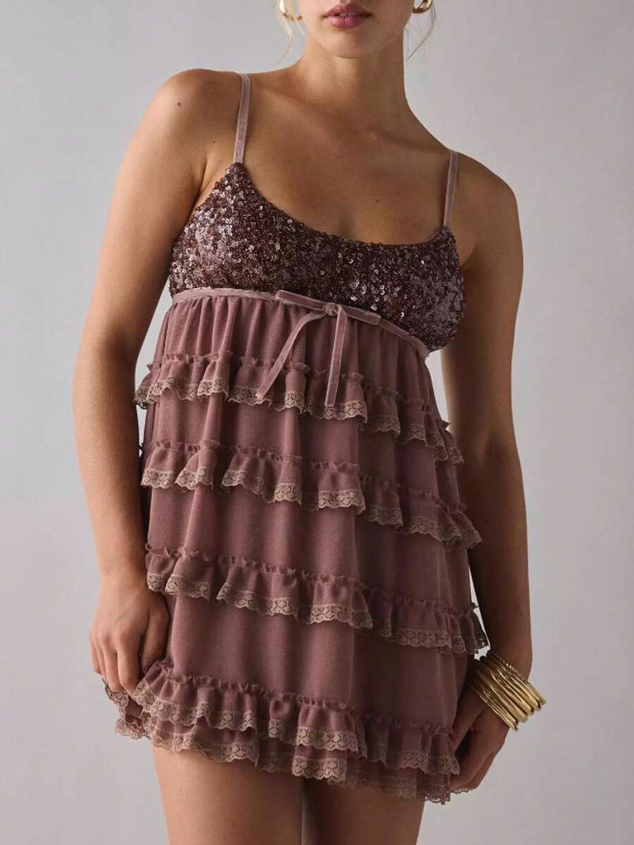 Women's Sequin-Paneled Spaghetti Strap Dress Ruffle Sleeveless Mini Lace-Up Dress Valentine's Day Spring Summer Cute Dresses - nâu sẫm - Xem 1