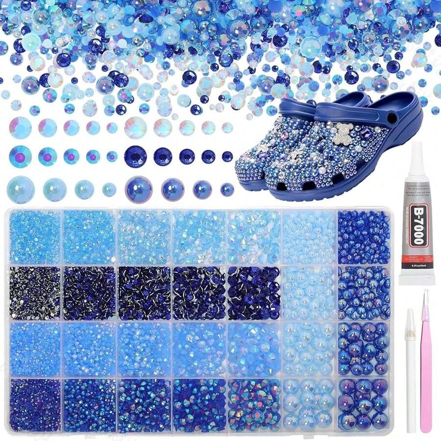 14000Pcs Mixed Blue Flatback Rhinestones And Pearls For Bedazzling Kit, 2-6mm Resin Gems Bedazzling Rhinestone, 4-10mm Flatback Pearls Gems Rhinestones For Crafting DIY Face Makeup - S10 - 查看 1