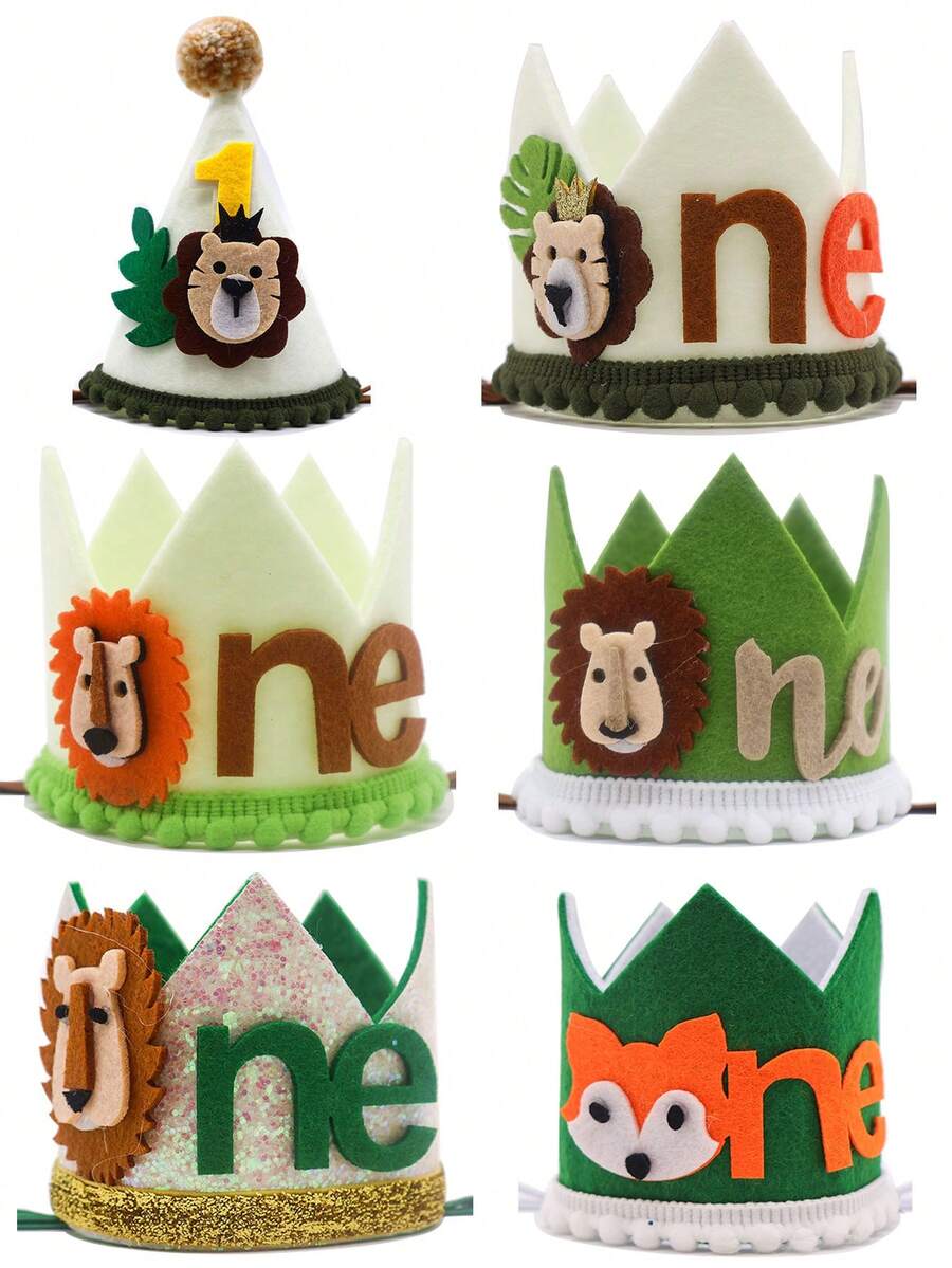 Cartoon Fox Crown Birthday Costume Headpiece, Handmade Felt Ball Party Hat With Jungle Lion Pattern For Holiday Events, Anime Lion Design Birthday Crown Party Hat