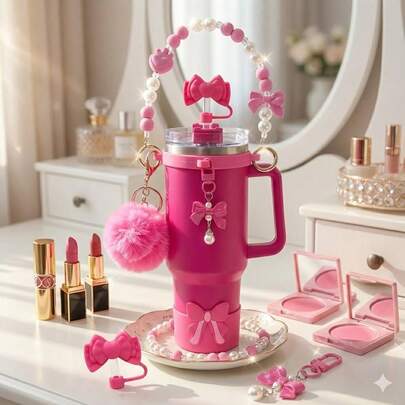 6pcs Coquette Accessories Set For 40oz 30oz Tumbler- Include Bow Straw Cover, Pearl Handle Chain, Silicone Boot, Pompom Charm - Cute Preppy Cup Decor Gift For Women Girls