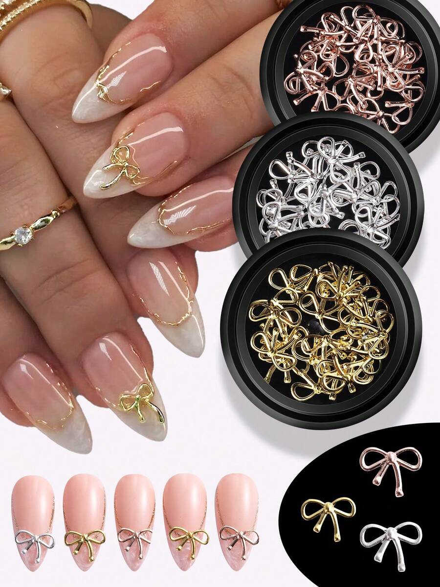 玫瑰金/金色/银色/镂空蝴蝶结美甲饰品 - 3D蝴蝶结美甲配件，闪亮水钻美甲配件，合金蝴蝶结3D金银蝴蝶结美甲配件，美甲装饰，美甲饰品 - 彩色 - 查看 1