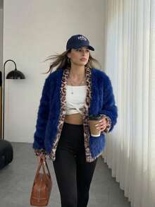 Women's Luxury Royal Blue Faux Fur Jacket Elegant Leopard Print Lining Fluffy Fuzzy Coat, Thick Warm Winter Outerwear For Carnaval Party Night Out Streetwear Chic Mob Wife Aesthetic Old Money Bontjas Fashion Panterprint - Royal Blue - View 8