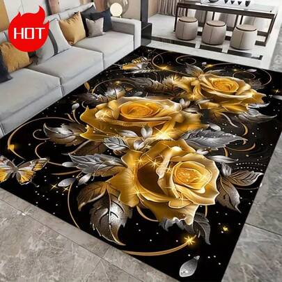 奢华金玫瑰蝴蝶地毯 - 7毫米厚防滑地垫，完美适用于客厅、厨房和卧室。可机洗装饰地垫，适用于家庭/办公室/派对 - 高级黑色底面搭配金玫瑰蝴蝶图案，室内外皆宜，触感柔软如水晶绒。