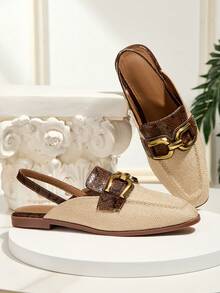 女士撞色露趾套脚凉鞋，时尚休闲简约百搭镂空女士户外鞋，适合所有季节 - 杏色 - 查看 4