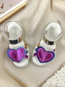 1 Pair Girls' Summer Sandals With Heart Decoration, Colorful Strap Design, Adjustable Ankle Strap For Daily Wear - White - View 2