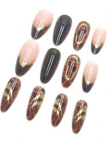 24pcs Brown Leopard Almond Shaped 3D Gold Metallic French False Nails, Suitable For Birthday Party, Comes With Jelly Gel And File, Reusable - Brown - View 4