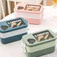 1pc Plastic Double-Layer Lunch Box With Utensils, Microwave , Leak-Proof Food Container, Suitable For Classroom, Camping, Picnic, Home Kitchen, Christmas Gift, School Supplies - Multicolor - View 3