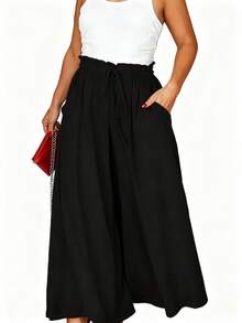 Plus Size Women Casual Drawstring Waist Loose Wide Leg Pants, Solid Color, Versatile For Daily Commute - Black - View 4