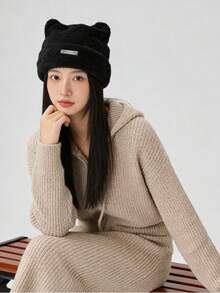 新款秋冬毛绒猫耳针织帽，保暖针织帽，时尚百搭女士毛绒帽 - 黑色 - 查看 7