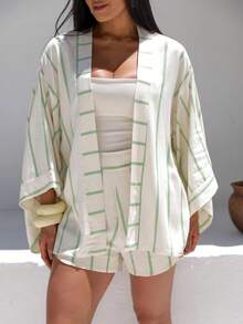 Árbora Eminence - Women's Kimono And Shorts Set In Viscose Linen Fabric, One Size Fits Sizes 38 To 42, Summer Fashion - Tắt/Xanh - Xem 3