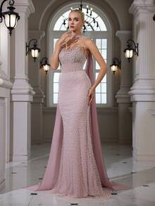 Elisanya Đầm dạ hội hở vai, lưng trần, thanh lịch, gợi cảm với họa tiết ren thêu bong bóng, thích hợp cho tiệc cocktail, họp mặt, đám cưới. - Hồng - Xem 3