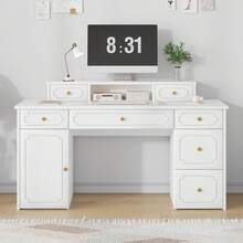 Computer Desk With 7 Drawers And Hutch, 54 Inch Home Office White Writing Desk With File Drawer And Shelves For Work Writing Study, Vanity Desk With Golden Handle For Girls, Bedroom, Black/ White - White - View 8