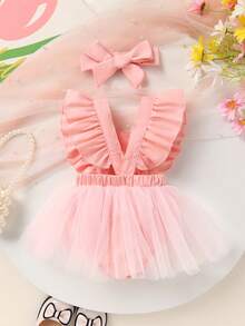 2pcs/Set Soft & Comfortable Casual Elegant Baby Girl Outfit, Cute Crown & Letter Pattern, Bow Decor, Ruffle Mesh Princess Romper Dress & Headband Set, Suitable For Party, Vacation, Photography And Daily Wear - Multicolor - View 2