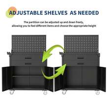 clóset de Acero Resistente con 2 cajones, Tablero de Clavijas y 4 Ruedas, Banco de Trabajo con Cerradura para Taller, almacén - Negro - Ver 6