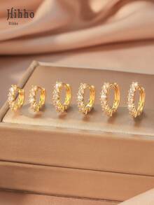 Hihho 3 Pairs Elegant & Fashionable Women's Jewelry Earrings Set, Featuring Various Designs Such As Fully Paved Rhinestone, Waist Chain, And Twisted Rope, Suitable For Daily Commute, Dates, Parties, Can Be Worn Alone Or Stacked, Matching Multiple Styles - Yellow Gold - View 13