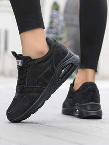 女士柔软缓震减震纯色圆头系带跑步鞋，透气四季休闲运动鞋，百搭学院风男女通用运动鞋 - 黑色 - 查看 3