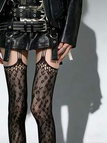 1 Pair Black Leopard Print Fishnet Stockings With Garter Belt - Lightweight Sexy Black Summer Fishnet Leg-Showing Fishnet Leopard Print Patchwork Garter Stockings