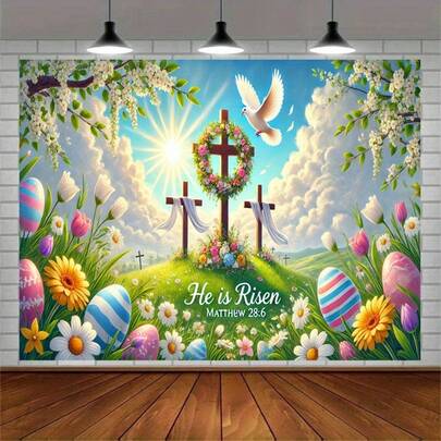 2D Flat 1pc He Has Risen Easter Backdrop - Floral Cross With Religious Theme, Vibrant Spring Colors, Multiple Sizes 2D Flat Design, Suitable For Photography Studios, Church Decorations, Easter Celebrations, And Spring Events Imagery, High-Quality Printing, 2D Flat
