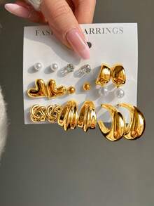 18件套时尚精致甜美仿珍珠心形水滴形水钻耳钉套装，日常、约会、通勤、生日礼物、情人节礼物（送给女朋友） - 金黃色 - 查看 2