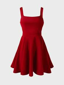 魅力四射的女士纯色方领优雅浪漫迷人性感约会之夜情人节无袖连衣裙 - 酒紅色 - 查看 7