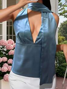 Women's Halter Neck Vest Summer Sleeveless Open Back Solid Color Satin Tank Tops - 天藍色 - 查看 1